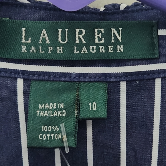 Lauren Ralph Lauren Women's white/blue stripe short sleeve ruffled front blouse - Picture 3 of 6